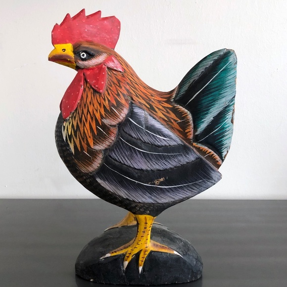 Vintage Carved Handprinted Wooden Rooster - Picture 1 of 10